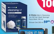 Clicks Men's Cleansing Trio Gift Set:Mesh Sponge, Face Wash-100ml, Shower Gel-250ml
