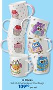 Clicks Set Of 4 Cupcake Or Owl Mugs-Per Set