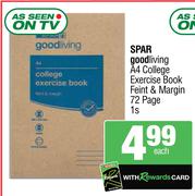 Spar Goodliving A4 College Exercise Book Feint & Margin (72 Page)-Each