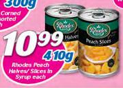 Rhodes Peach Halves/Slices In Syrup-410g Each