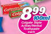 Colgate Triple Action/Herbal Toothpaste-100ml Each