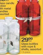 Glass Bottles With Rope & Shells Set Assorted 3 Piece