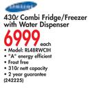 Samsung 430Ltr Combi Fridge/Freezer with Water Dispenser RL48RWCIH