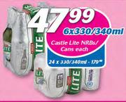 Castle Lite NRBs/Cans-6 x 330/340ml Each
