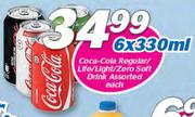 Coca-Cola Reuar/Life/Light/Zero Soft Drink Assorted-6 x 330ml Each