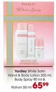 Yardley White Satin Hand & Body Lotion 250ml, Body Spray 90ml & Roll-on 50ml