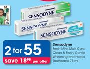 Sensodyne Fresh Mint, Multi Care, Clean & Fresh, Gentle Whitening & Herbal Toothpaste-For 2x75g 