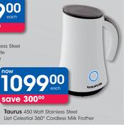 Taurus 450 Watt Stainless Steel Liet Celestial 360 Degree Cordless Milk Frother-Each