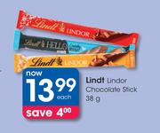 Lindt Lindor Chocolate Stick-38g Each