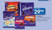 Cadbury Chocolate Bags Tumbles, Whispers, Lunch Bar Or Whispers Snowballs-Per Pack