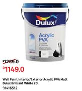 Dulux Wall Paint Interior/Exterior Acrylic PVA Matt Brilliant White 81416512-20L