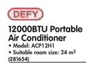 Defy 12000BTU Portable Air Conditioner ACP12H1