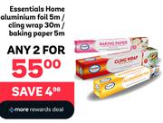 Essentials Home Aluminium Foil 5m/Cling Wrap 30m/Baking Paper 5m-For Any 2