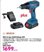 Bosch 18V Li-Ion Drill Driver Kit GSR-1800-Per Kit