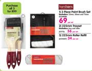 Hamiltons 3 Piece Paint Brush Set-Per Set + Hamiltons 225mm Trayset-Per Set + 225mm Roller Refill