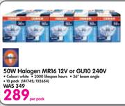 Osram 50W halogen MR16 12V Or GU10 240V-Per 10"s Pack