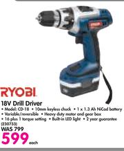 Special Ryobi 18V Cordless Drill Driver CD 18 Each m.guzzle .za