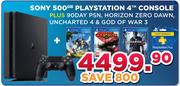 Sony 500GB Playstation 4 Console Plus 90 Day PSN,Horizon Zero Dawn,Uncharted 4 & God Of War 3