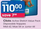 Clicks Active Stretch Value Pack Disposable Nappies Midi-62's/Maxi-54's/Junior-44's Per Pack