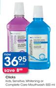 Clicks Kids, Sensitive, Whitening/Complete Care Mouthwash-500ml Each