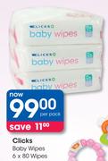 Clicks 6 x 80 Baby Wipes