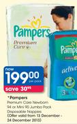 Pampers Premium Care Newborn-94's/Mini-90's Jumbo Pack Disposable Nappies-Per Pack