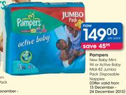 Pampers New Baby Mini-94's/Active Baby Midi-82's Jumbo Pack Disposable 