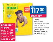 Clicks Jumbo Pack Disposable Nappies Mini-78's, Midi-74's, Maxi-68's Or Junior-58's