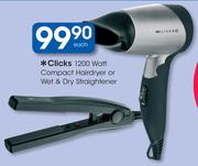 Clicks 1200Watt Compact Hairdryer Or Wet & Dry Straightener
