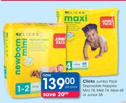 Clicks Jumbo Pack Disposable Nappies Mini-78's, Midi-74's, Maxi-68 Or Junior-58's-Per Pack
