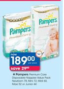 Pampers Premium Care Disposable Nappies Value Pack Newborn-78's, Mini-72's, Midi-60's Maxi-52's Or J