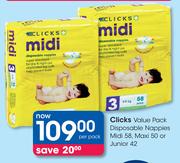 Clicks Value Pack Disposable Nappies Midi-58's, Maxi-50's Or Junior-42's-Per Pack