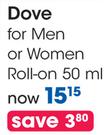 Dove For Men Or Women Roll-On - 50ml Each