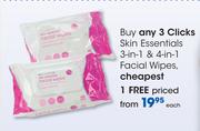 Clicks Skin Essentials 3-In-1 & 4-In-1 Facial Wipes Each