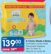 Clicks Made 4 Baby Dry protect Jumbo Pack Disposable Nappies(Mini 72, Midi 74, Maxi 66 Or junior 56)