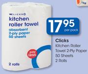 Clicks Kitchen Roller Towel 2 Ply Paper 50 Sheets 2 Rolls-Per Pack