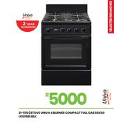 Univa 4 Burner Blk Compact Full Gas Stove 60x60 UG16BI 21-550