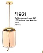 Ceiling Pendant Rope 5W LED Beehive Gold & Amber Glass