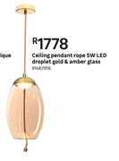 Ceiling Pendant Rope 5W LED Droplet Gold & Amber Glass
