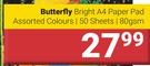 Butterfly Bright A4 Paper Pad 50 Sheets/80 gsm Assorted Colours
