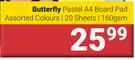 Butterfly Pastel A4 Board Pad 20 Sheets/160 gsm Assorted Colours