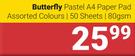 Butterfly Pastel A4 Paper Pad 50 Sheets/80 gsm Assorted Colours