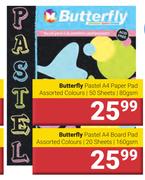 Butterfly Pastel A4 Board Pad 20 Sheets/160 gsm Assorted Colours