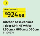 Sprint White Kitchen Base Cabinet 1 Door L60cm x H87cm x D60cm-Each