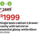 Single Basin Cabinet 2 Drawer Vanity With LED Mirror Essential Glossy White 60cm