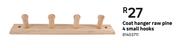 Coat Hanger Raw Pine 4 Small Hooks