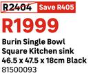 Burin Single Bowl Square Kitchen Sink Black 46.5 x 47.5 x 18cm 81500093