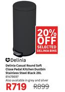 Delinia Casual Round Soft Close Pedal Kitchen Dustbin S/Steel (Black) 28L 81478697