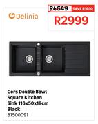 Delinia Cerus Double Bowl Square Kitchen Sink 116 x 50 x 19cm Black 81500091