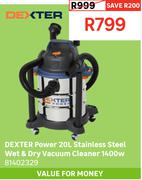 Dexter Power 20Ltr Stainless Steel Wet & Dry Vacuum Cleaner  1400w 81402329